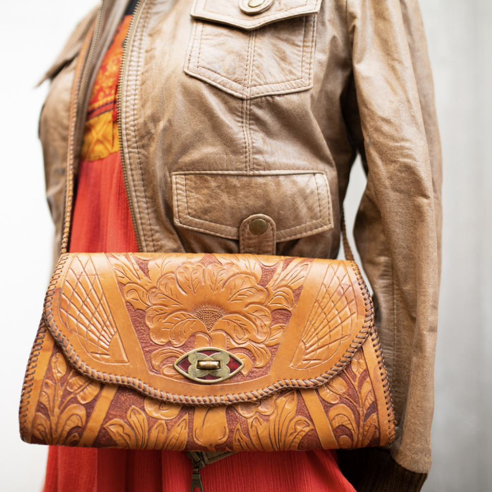 Handtooled leather western festival shoulder bag